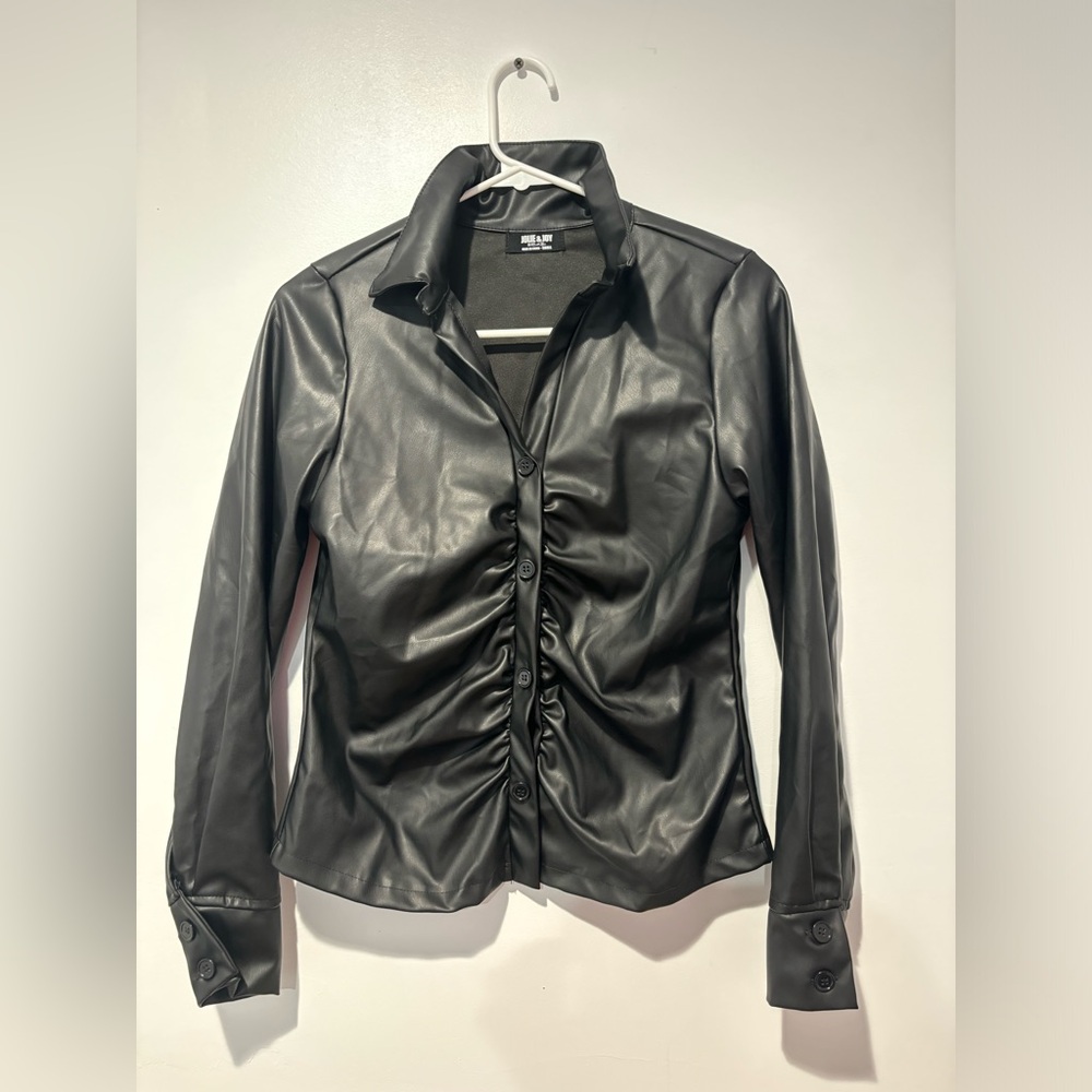 Black Ruched Faux Leather Button-Down Top